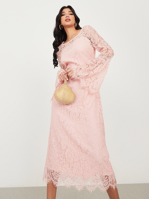 Pink lace dress with bell sleeves top