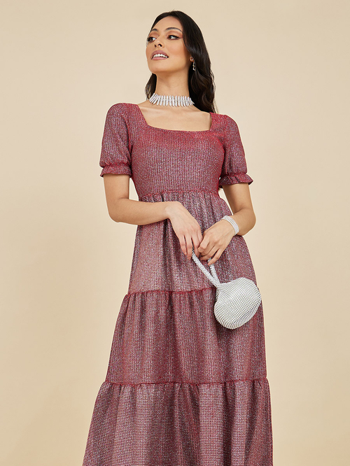 Buy Square Neck Self Design Tiered Maxi Dress Gold For Women Styli Kuwait