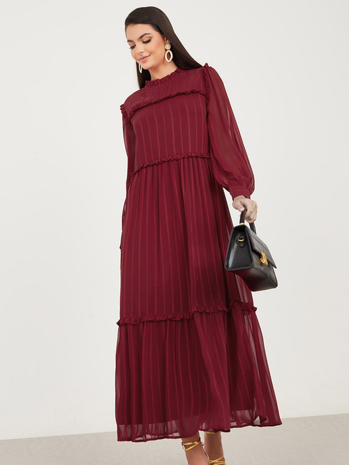 Buy Striped Ruffle A Line Maxi Dress Burgundy For Women Styli UAE
