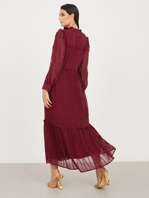 Buy Striped Ruffle A Line Maxi Dress Burgundy For Women Styli UAE