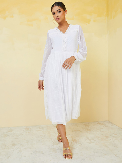 Buy Embroidered Insert Dobby Pleated A Line Midi Dress White For Women Styli UAE