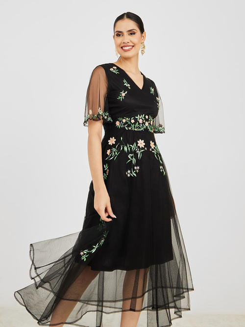 Buy Mesh Insert Embroidered A Line Midi Dress Black For Women Styli UAE