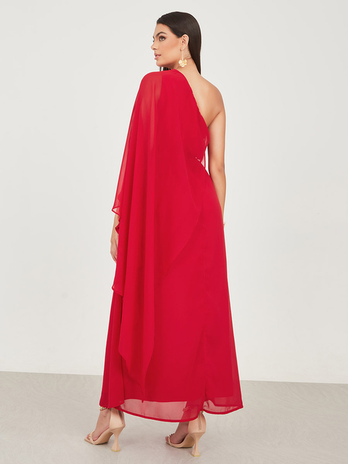One Shoulder Cape Sleeves A Line Maxi Dress