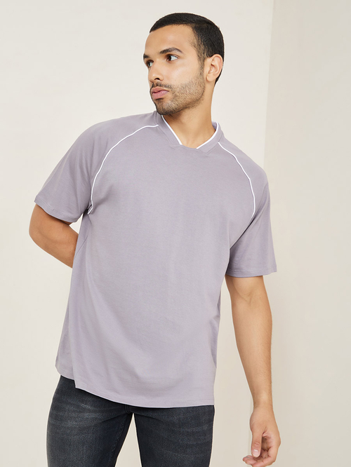 Buy Raglan Sleeve Contrast Piping Oversized T-Shirt Grey For Men | Styli  Saudi