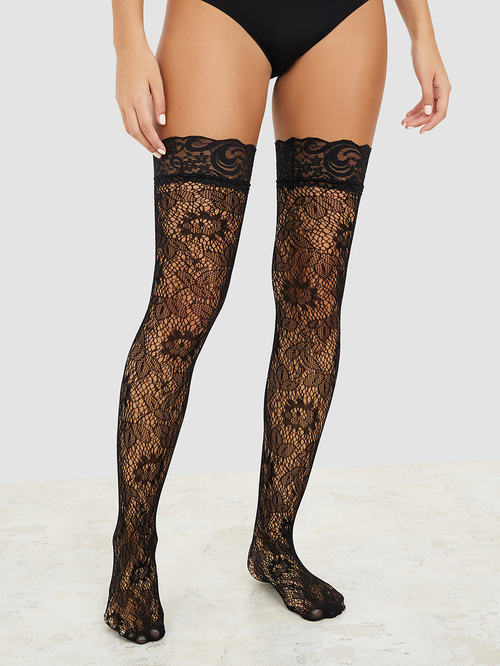 Buy Floral Lace Detail Thigh High Stockings with Scalloped Edges Black For Women Styli Saudi