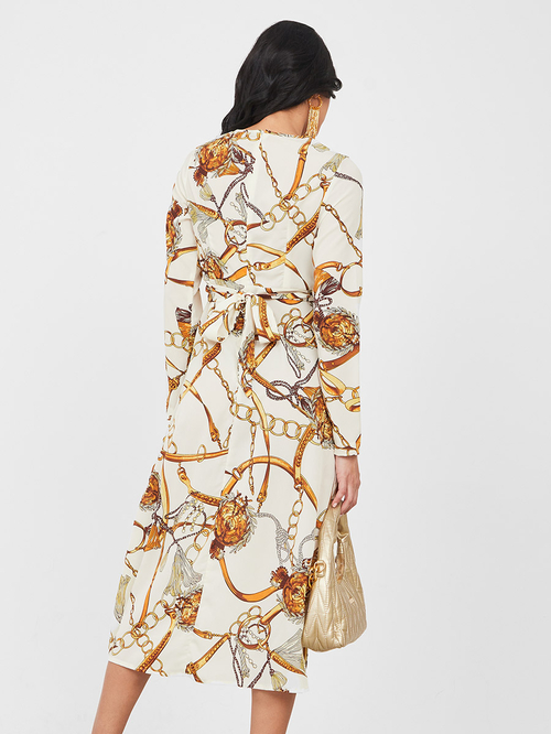 Buy Chain Print Round Neck Midi Dress Multi For Women Styli Bahrain