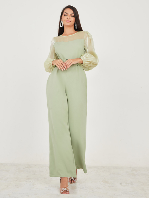 Buy Organza Long Sleeves Belted Wide Leg Jumpsuit Green For Women Styli Saudi