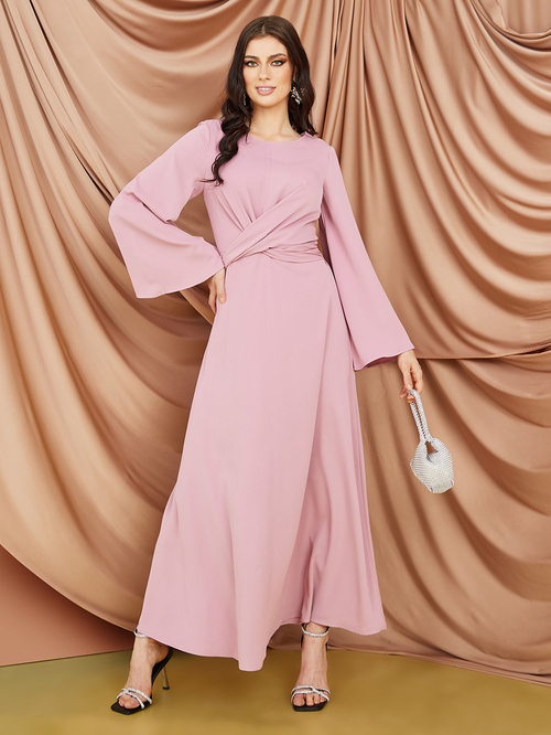 Buy Wrap Front Modest A Line Maxi Dress Pink For Women Styli Kuwait