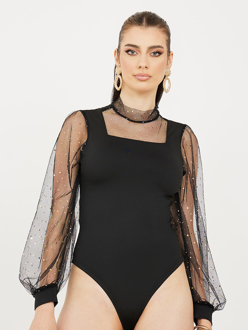 Embellished Mesh Insert Knit Fitted Bodysuit