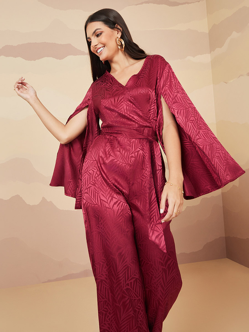 Buy Cape Sleeves Jacquard Satin Jumpsuit Burgundy For Women Styli Saudi