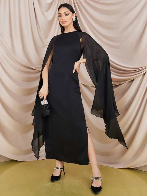 Buy Cape Sleeves Side Slit Maxi Dress Black For Women Styli Saudi