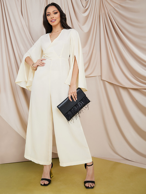 Buy Slit Sleeves Wide Leg Jumpsuit Off White For Women Styli Kuwait