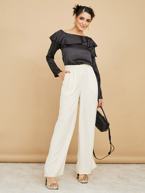 Buy Long Sleeves Off Shoulder Satin Blouse with Frill Black For Women Styli UAE