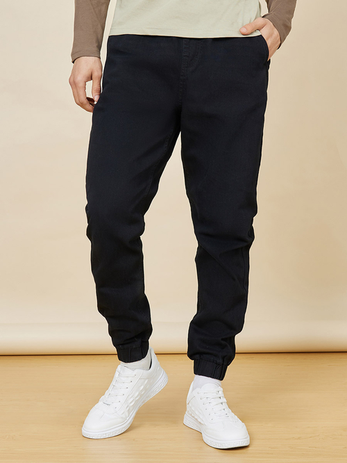 Buy Dark Wash Denim Jogger with Drawstring Waist Black For Men Styli Saudi