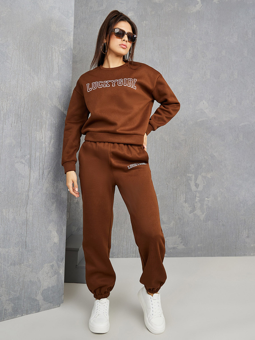 Buy Slogan Print Long Sleeves Sweatshirt and Jogger Co ord Set Brown For Women Styli Saudi