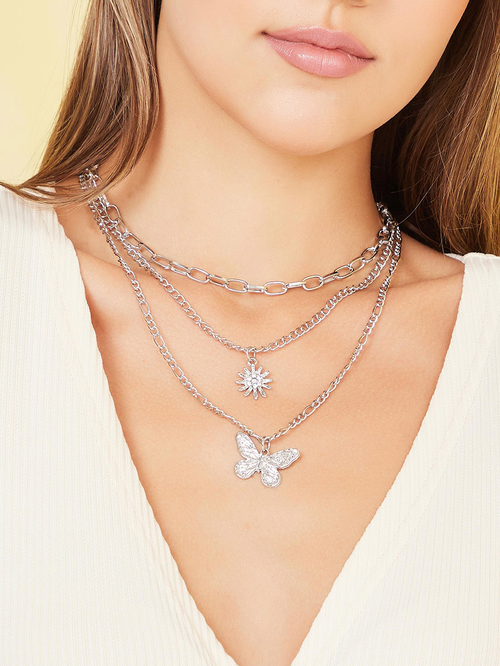 Buy Butterfly Pendant Layered Necklace Silver For Women Styli Saudi