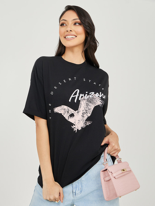 Buy Oversized Arizona Graphic Print Longline T shirt Black For Women Styli Kuwait