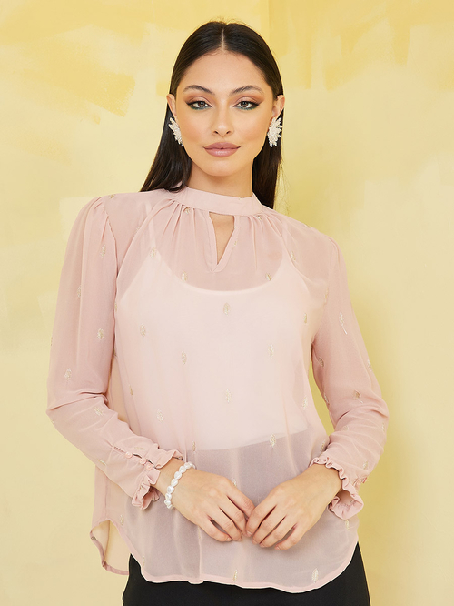 Buy Embroidered Detail Keyhole Neck Sheer Blouse Pink For Women Styli Kuwait