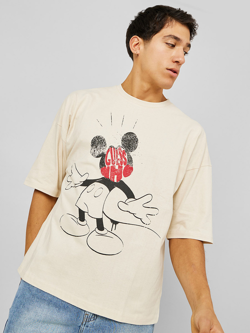 Buy Disney Mickey Print Oversized T shirt Beige For Men Styli UAE