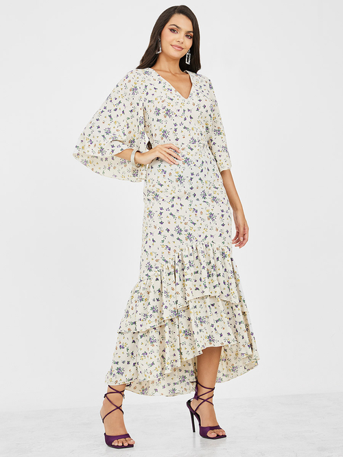 Bell sleeve layered deals ruffles pleated shirt dress