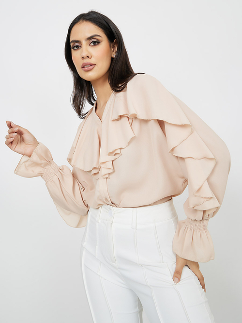 Ruffle v shop neck blouse
