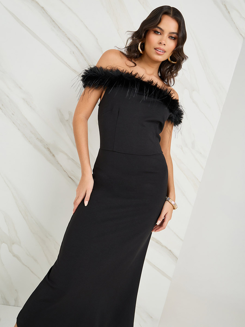 Buy Off Shoulder Faux Fur Trim Midi Dress Black For Women Styli Saudi