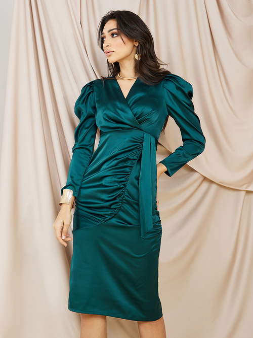 Satin wrap front dress hot sale