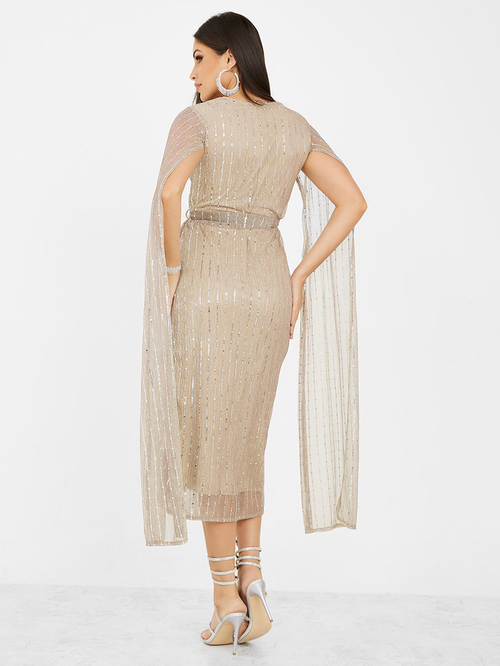Buy Embellished Cape Sleeves A Line Midi Dress Gold For Women Styli UAE