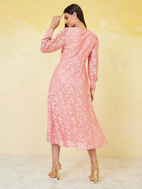 Buy V Neck Lace Insert A Line Midi Dress Pink For Women Styli Saudi