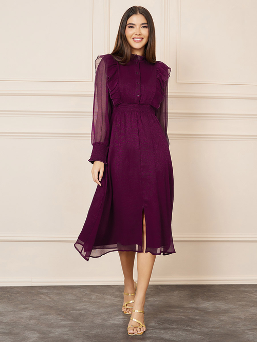 Buy Shiny Organza Frill Detail High Neck A Line Midi Dress Magenta For Women Styli Saudi