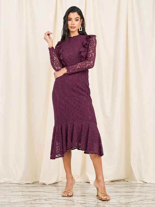 Buy All Over Lace Ruffle Hem Midi Dress Maroon For Women Styli UAE