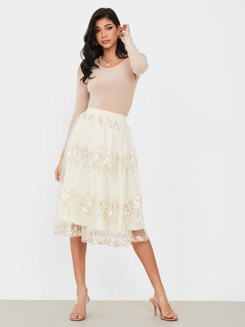 Buy Floral Embroidered Midi Skirt Cream For Women Styli UAE