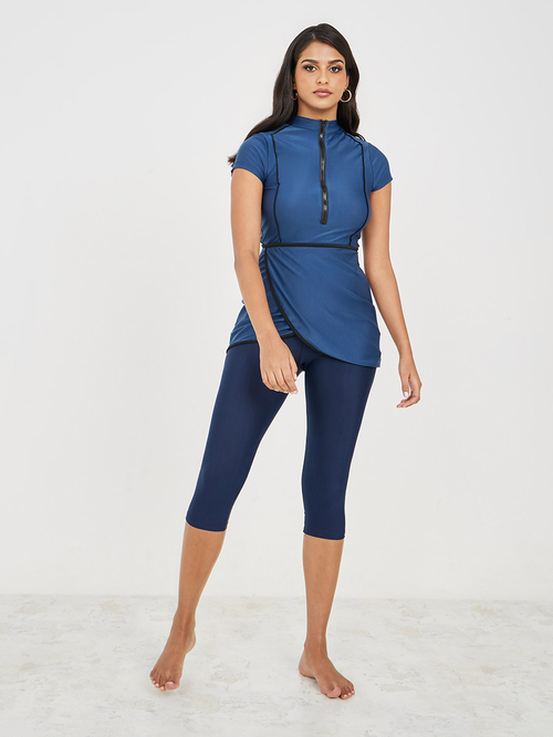 Buy Short Sleeve Zip Up Wrap Over Capri Burkini Blue For Women Styli Saudi