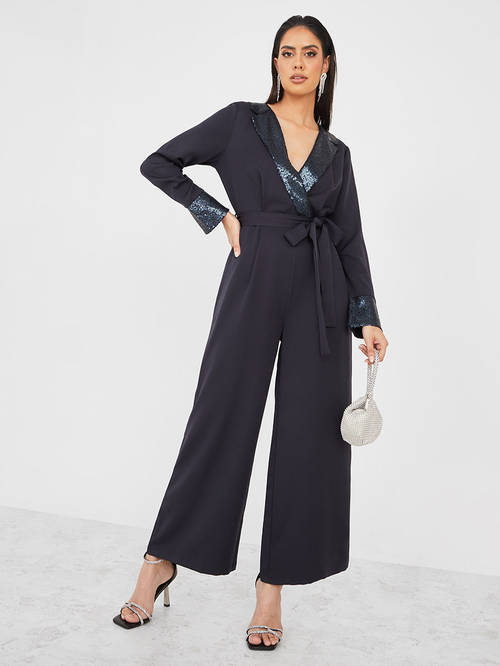 Buy Sequin Detail Wide Leg Tailored Jumpsuit Navy Blue For Women Styli UAE