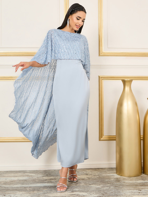 Buy Embellished Cape Satin Maxi Dress Blue For Women Styli UAE