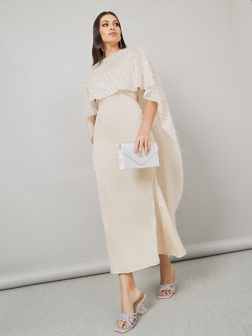 Maleny embellished fluted hem dress beige online