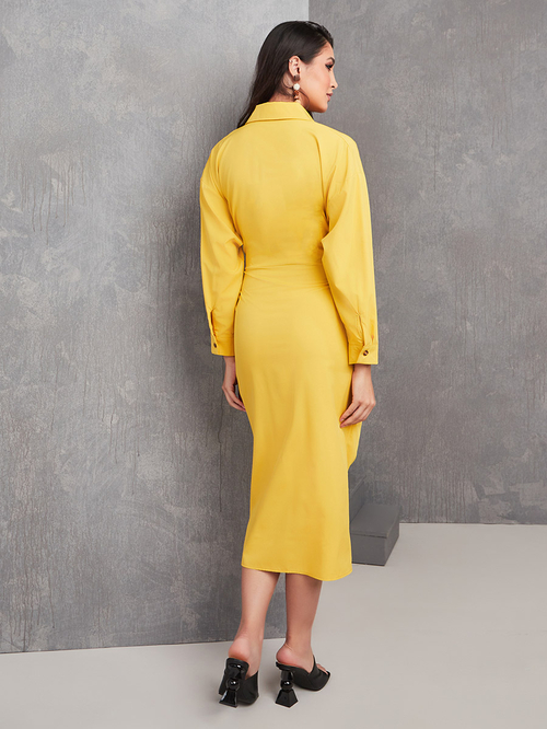 Buy Ruched Detail Front Tie Midi Shirt Dress Yellow For Women Styli Saudi