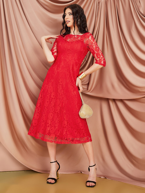 Buy 3 4 Sleeve Lace Insert A Line Midi Dress Red For Women Styli Saudi
