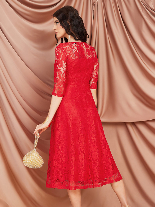 Buy 3 4 Sleeve Lace Insert A Line Midi Dress Red For Women Styli Saudi