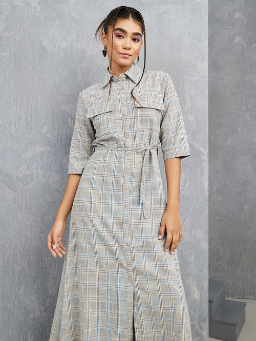 Buy Checked Front Flap Pocket Button Down Maxi Dress Grey For Women Styli Kuwait