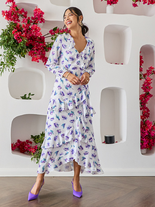 Ruffle hem wrap dress deals
