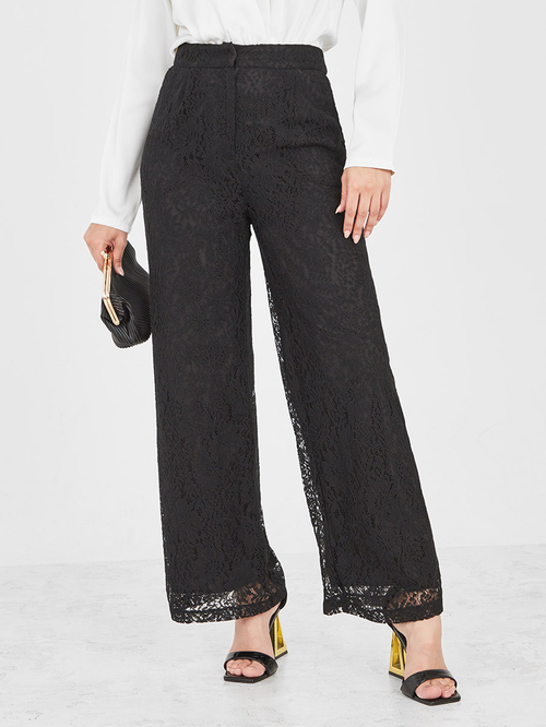 Buy Lace Detail Wide Leg Trouser Black For Women Styli UAE