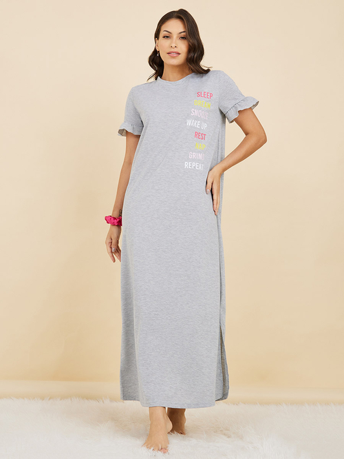 Buy Multi Slogan Ruffle Sleeve Side Slit Sleep T Shirt Dress Grey For Women Styli UAE