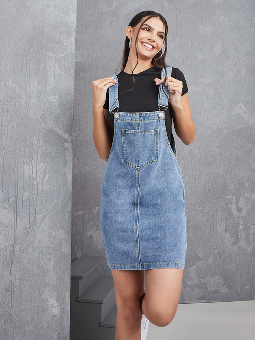 Buy Pinafore Denim Mini Dress with Pockets Blue For Women Styli Saudi