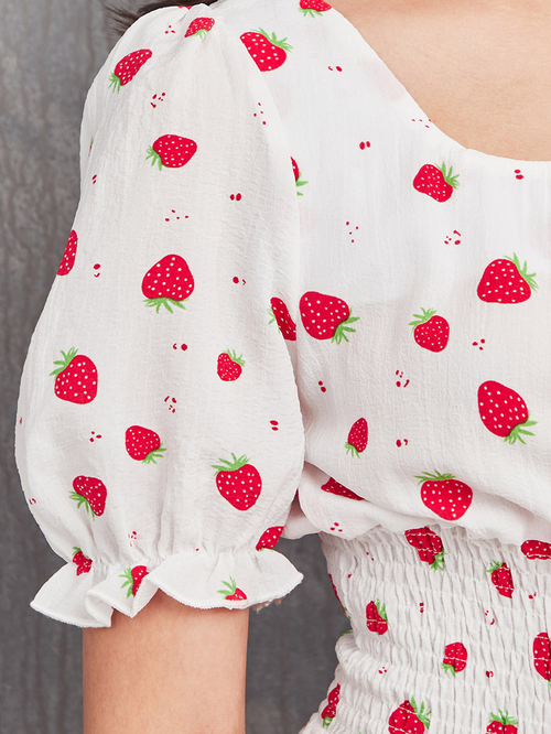Buy Square Neck Strawberry Print A Line Maxi Dress White For Women Styli UAE