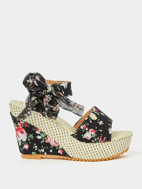 Buy Floral Print Wedge Sandals with Ankle Tie Up Black For Women Styli Saudi