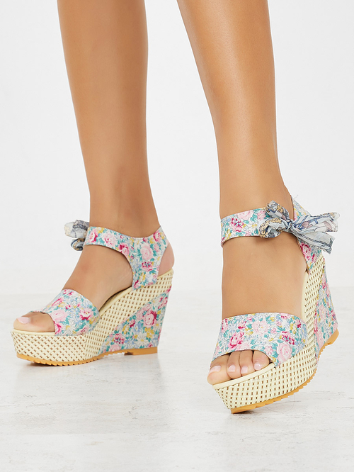 Buy Floral Print Wedge Sandals with Ankle Tie Up Blue For Women Styli Saudi