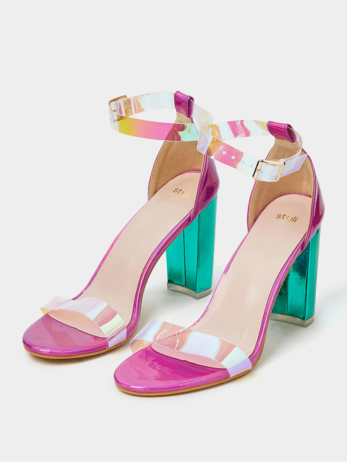 Iridescent block heel sandals sales