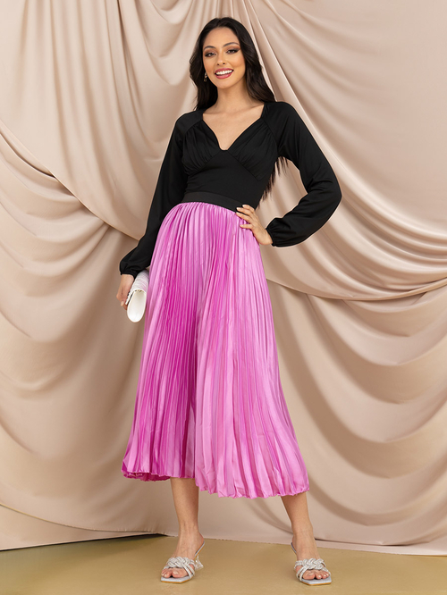 Buy Pleated A Line Midi Skirt Pink For Women Styli Saudi