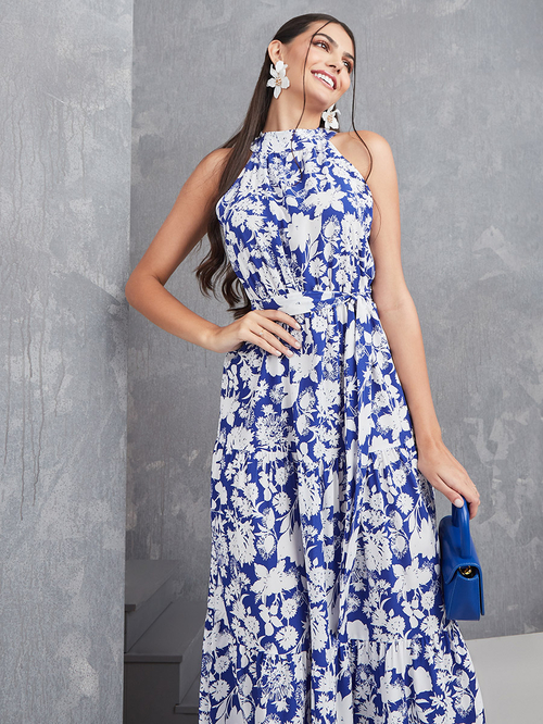 Buy Halter Neck Floral Print A Line Maxi Dress Multi For Women Styli UAE
